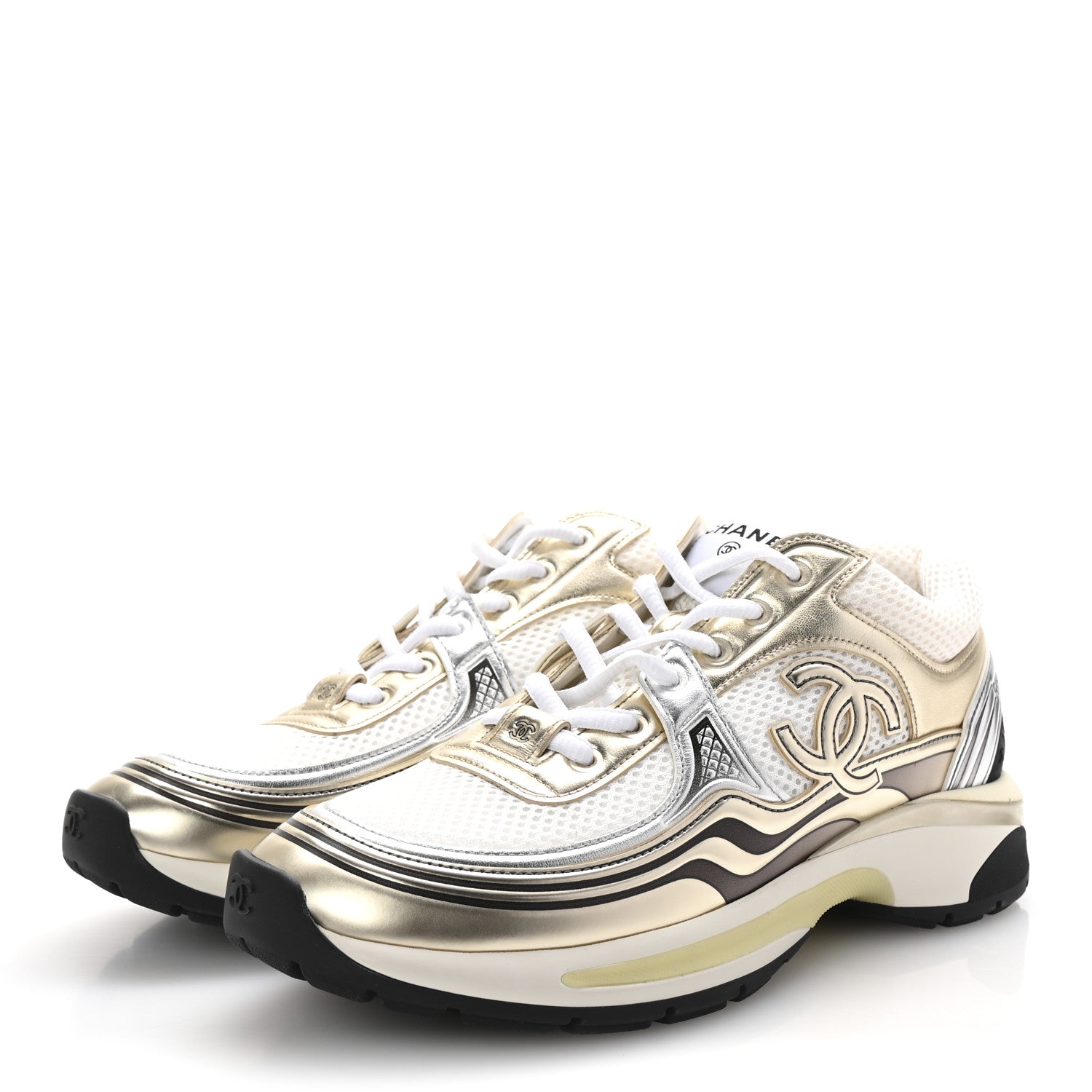 Chanel Fabric Laminated Calfskin Stretch CC Womens Sneakers 38.5 White Gold Silver 4 of 10