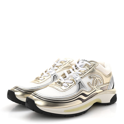 Chanel Fabric Laminated Calfskin Stretch CC Womens Sneakers 38.5 White Gold Silver 4 of 10