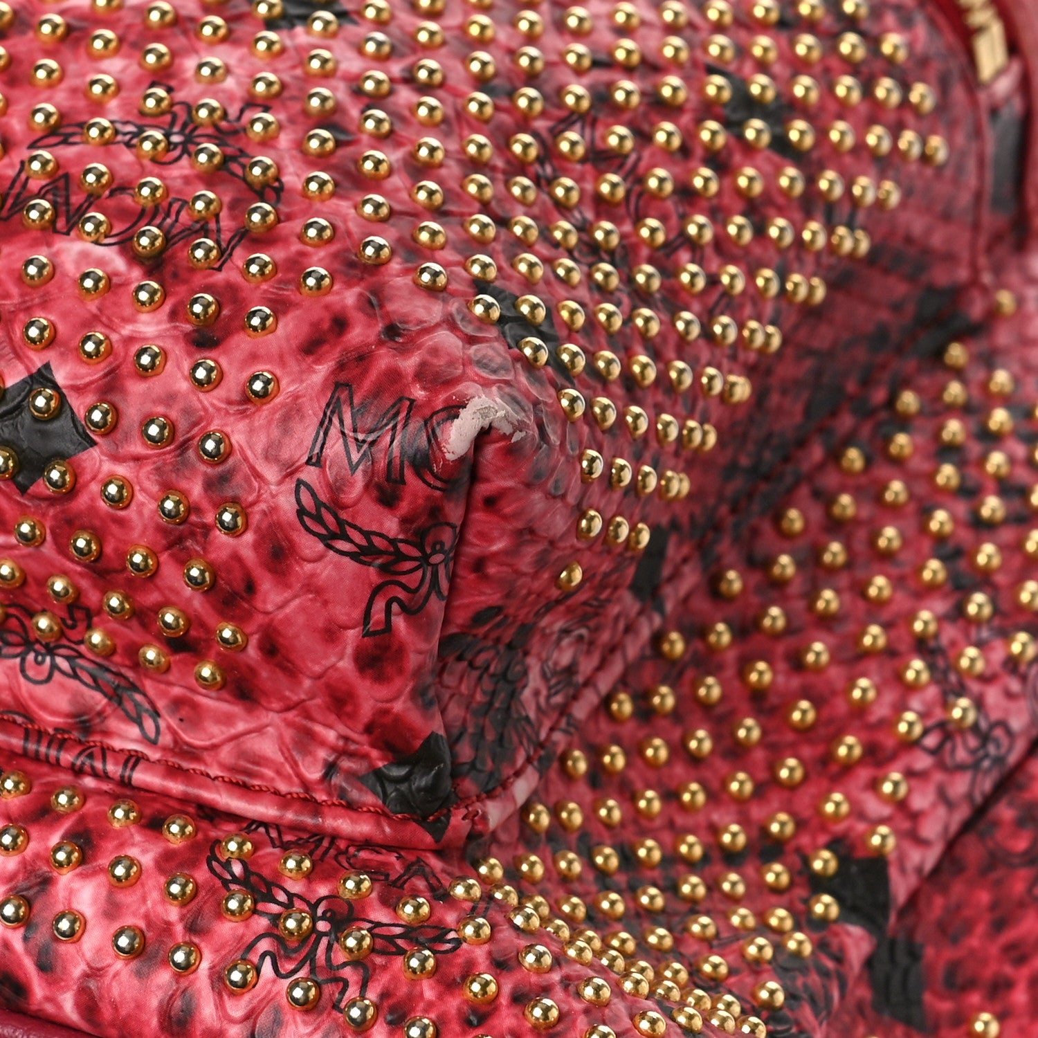 MCM Snakeskin Embossed Visetos Studded Medium Stark Backpack Red Pink 9 of 12