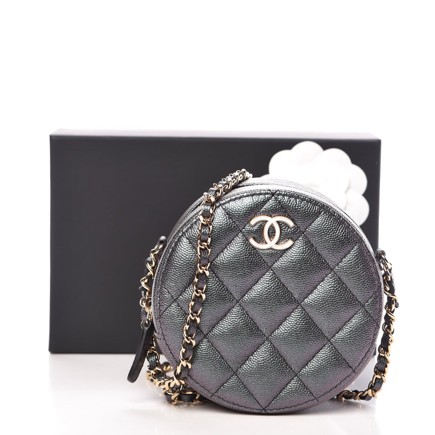 Iridescent Caviar Quilted Round Clutch With Chain Black