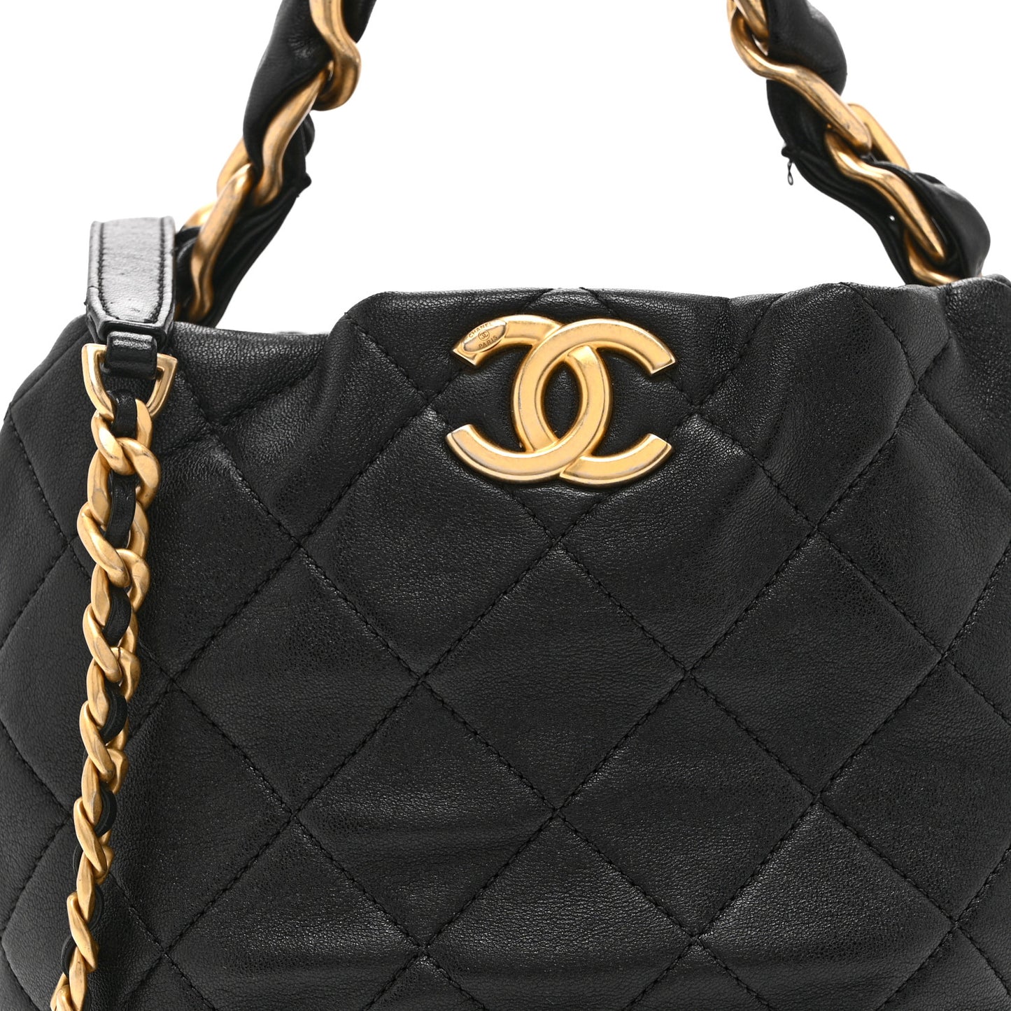 Shiny Lambskin Quilted Small Chain Is More Drawstring Bag Black