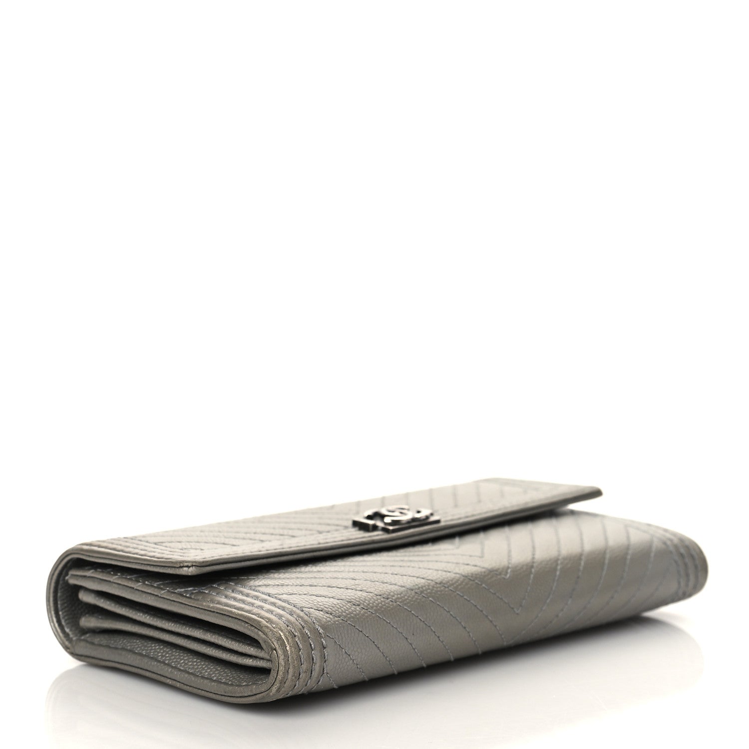 Chanel Metallic Caviar Chevron Quilted Large Boy Gusset Flap Wallet Silver 4 of 8