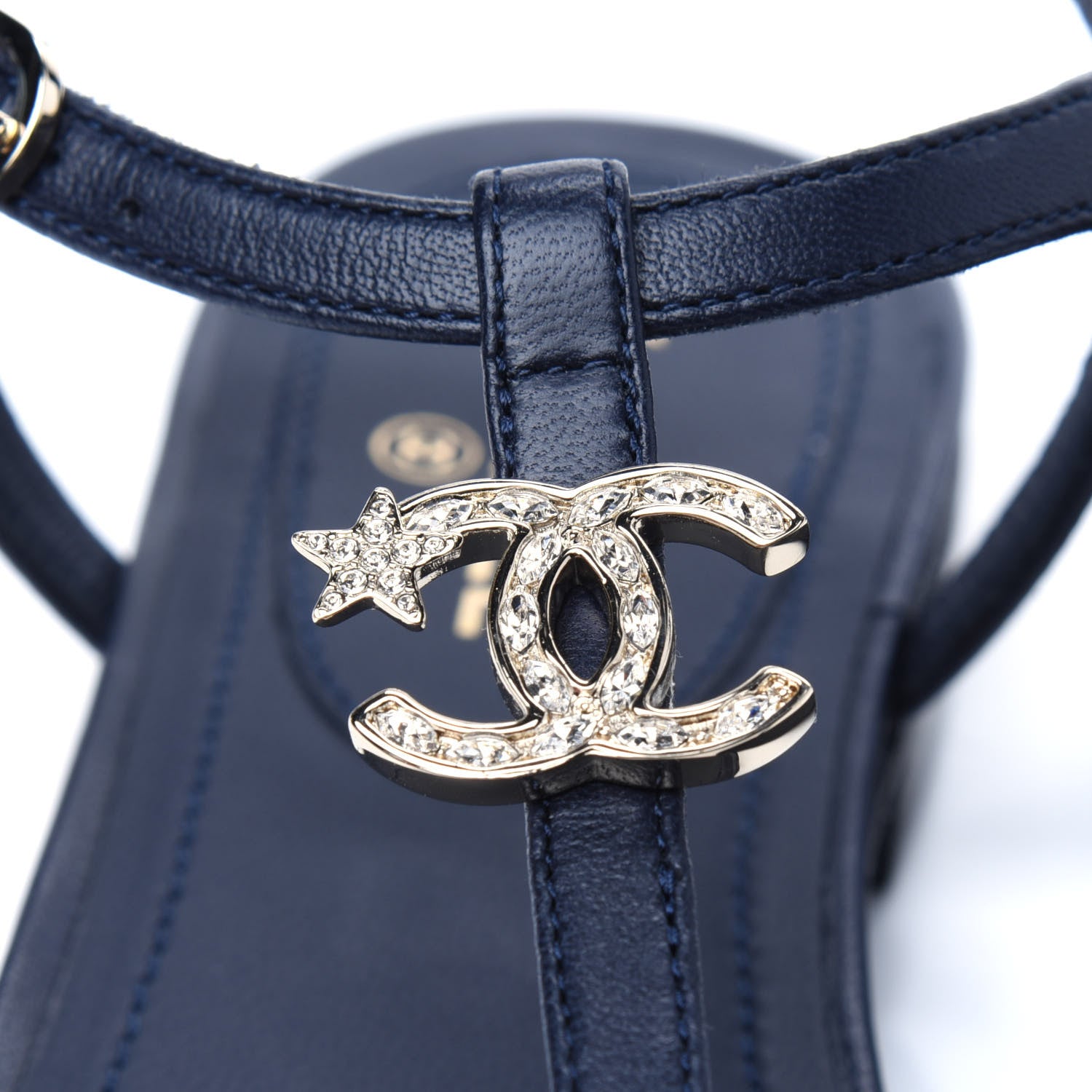 Chanel Lambskin Crystal CC Thong Sandals 37 Navy 9 of 10