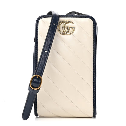 Gucci Vintage Effect Calfskin Matelasse Diagonal Torchon GG Marmont Phone Crossbody Bag Mystic White Blue Agata 1 of 9