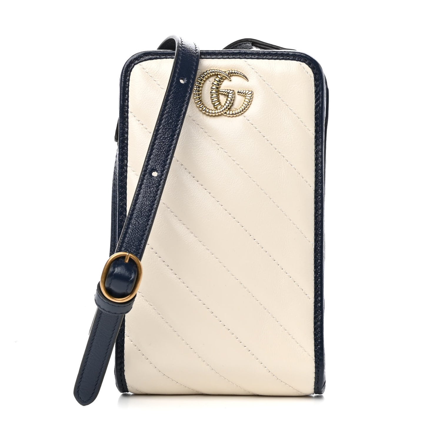 Vintage Effect Calfskin Matelasse Diagonal Torchon GG Marmont Phone Crossbody Bag Mystic White Blue Agata