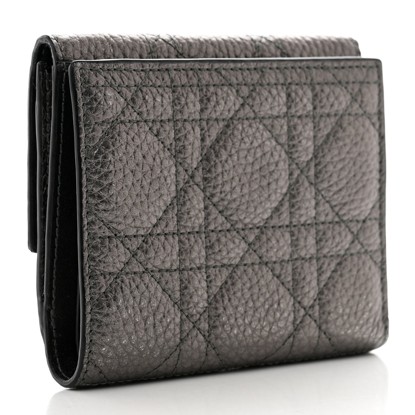 Metallic Grained Calfskin Cannage Lady Dior French Wallet Gunmetal