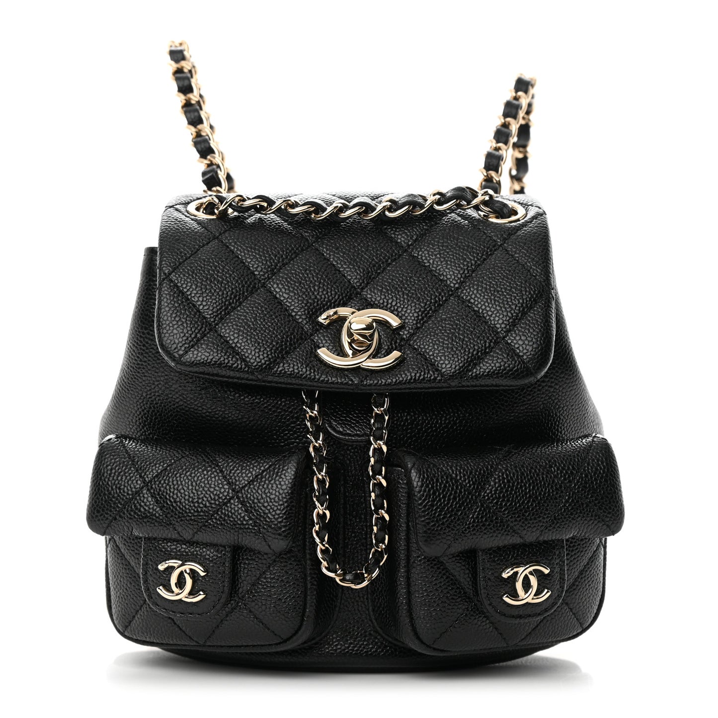 Shiny Caviar Quilted Small Duma Pockets Drawstring Backpack Black