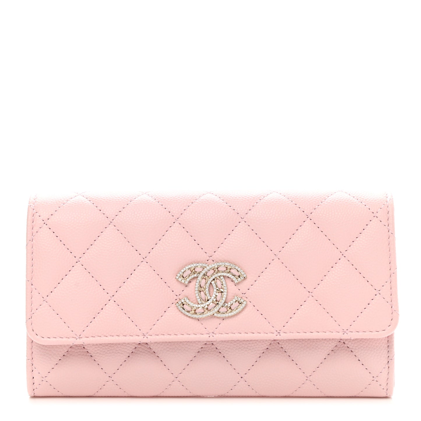 Caviar Quilted Crystal CC Large Gusset Flap Wallet Pink