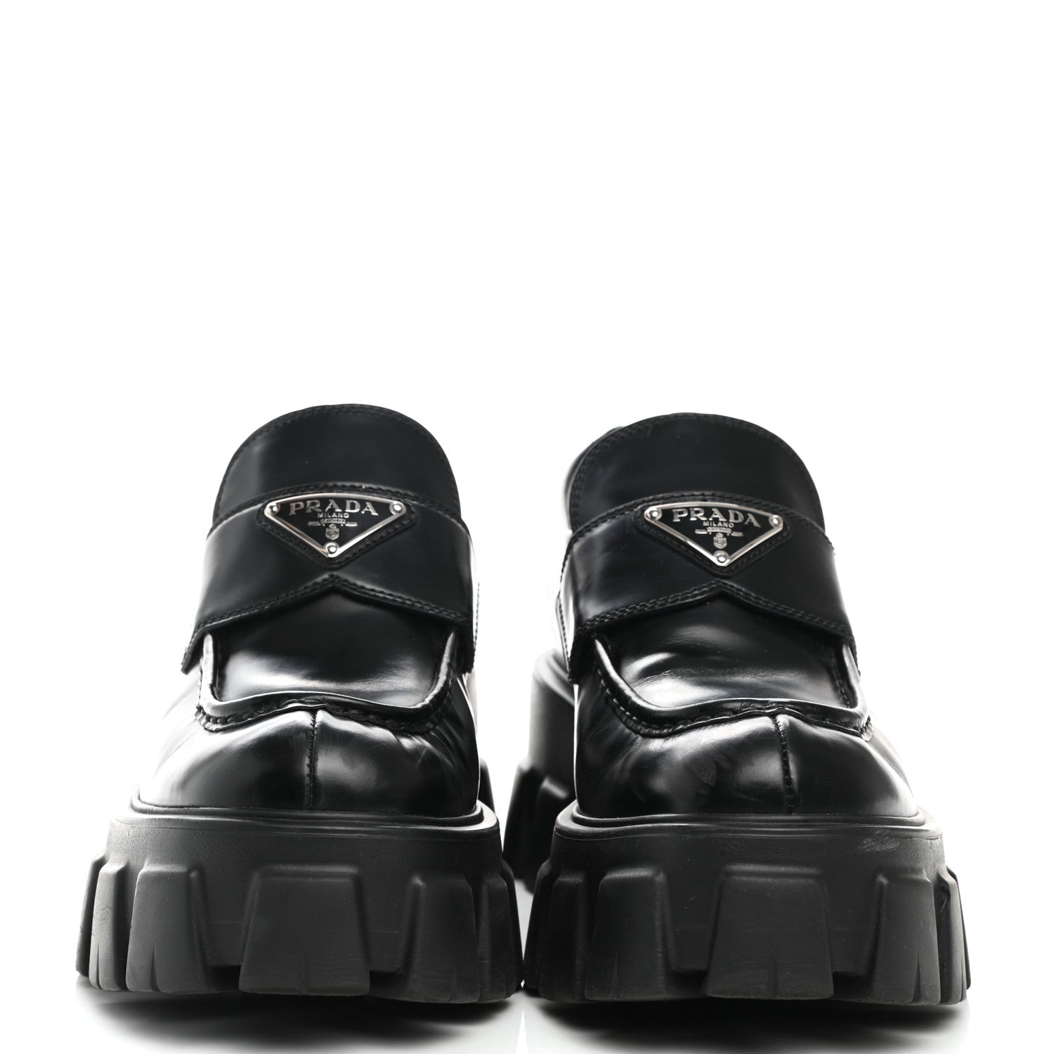 Prada Spazzolato Rois Metal Triangle Logo Monolith 55mm Loafers 37.5 Black 2 of 12