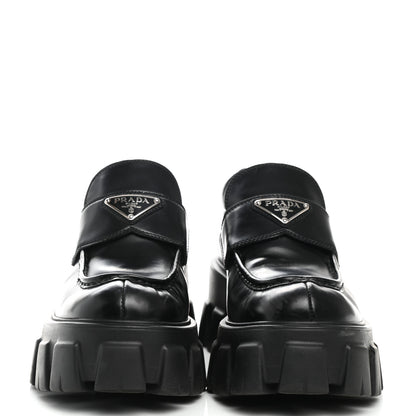 Prada Spazzolato Rois Metal Triangle Logo Monolith 55mm Loafers 37.5 Black 2 of 12