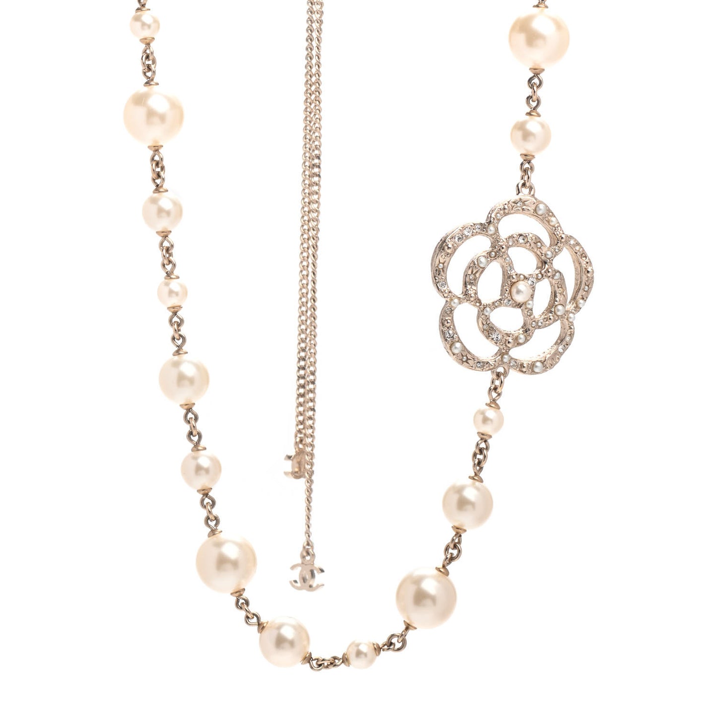 Pearl Crystal Camellia CC Necklace Gold