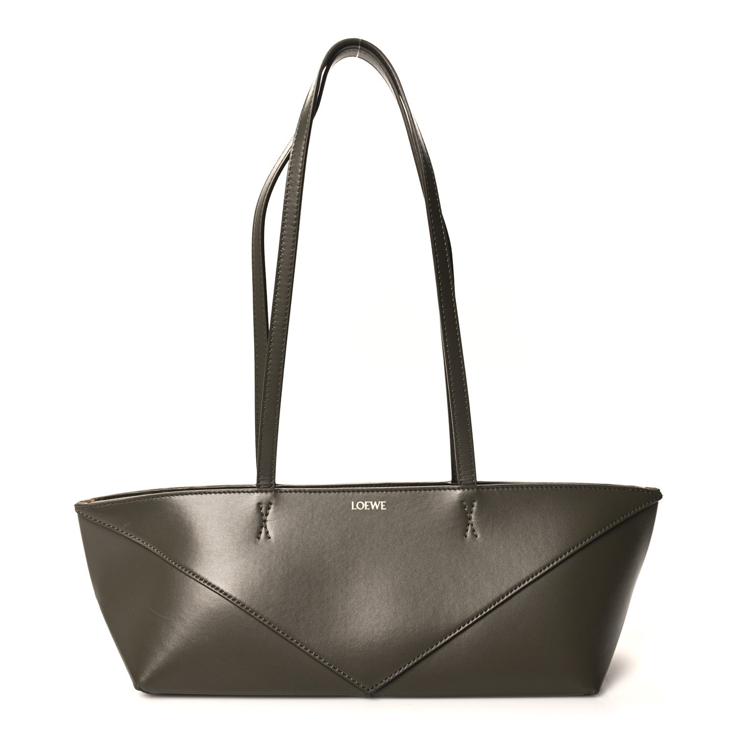 Shiny Calfskin Mini Cropped Puzzle Fold Tote Dark Khaki Green