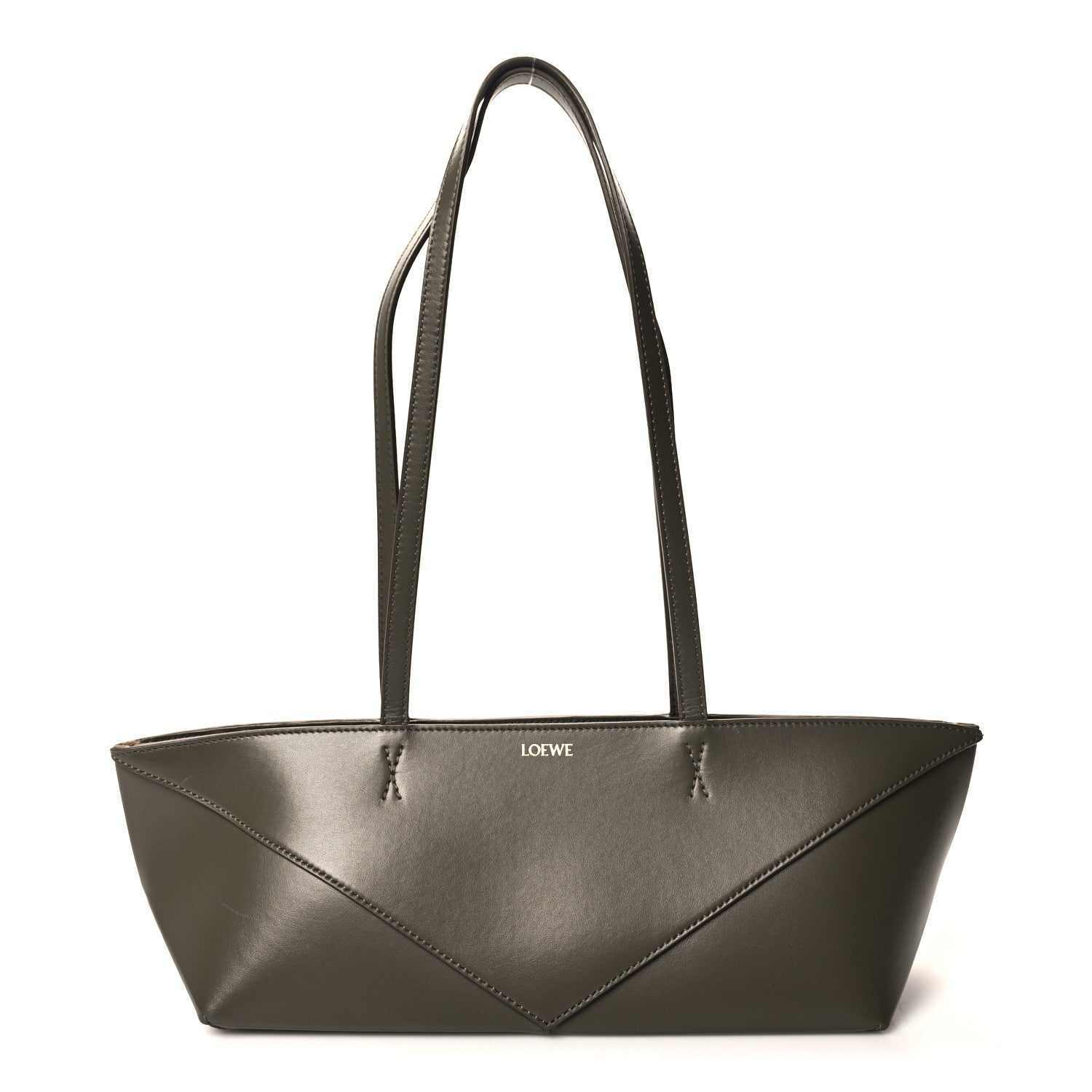 Loewe Shiny Calfskin Mini Cropped Puzzle Fold Tote Dark Khaki Green 1 of 10