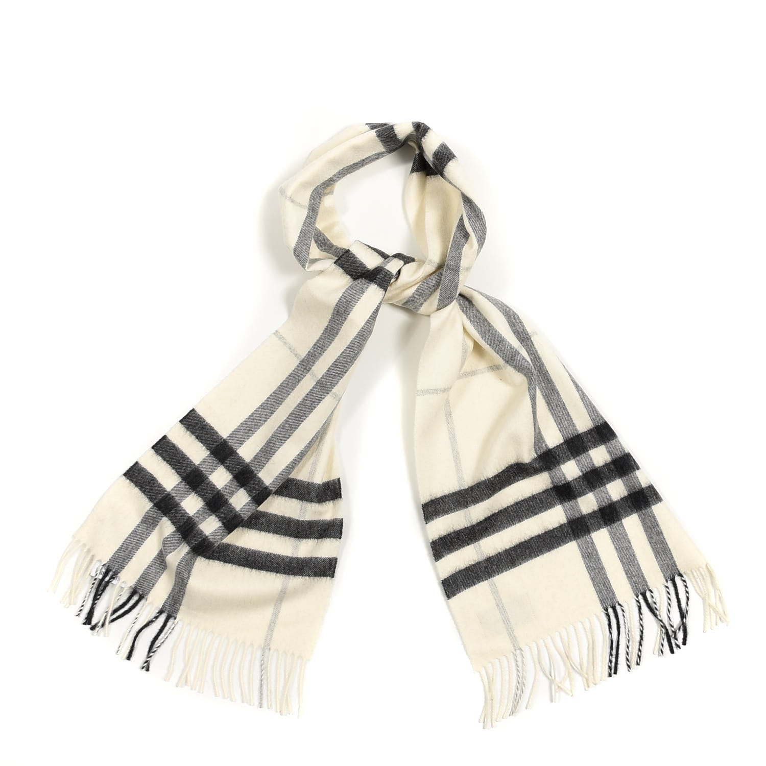 Burberry Cashmere Giant Check Icon Stripe Fringe Scarf Natural White 1 of 3