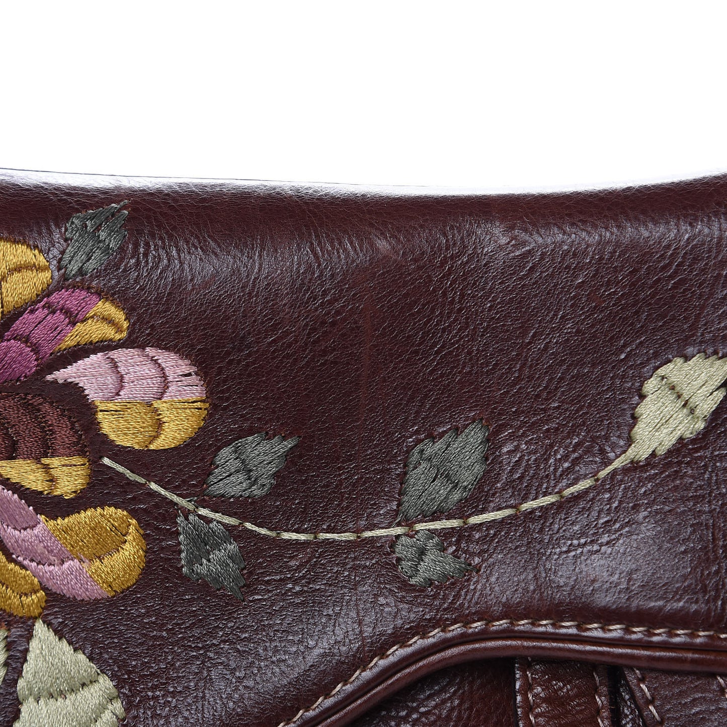 Calfskin Embroidered Romantic Flowers Saddle Bag Brown
