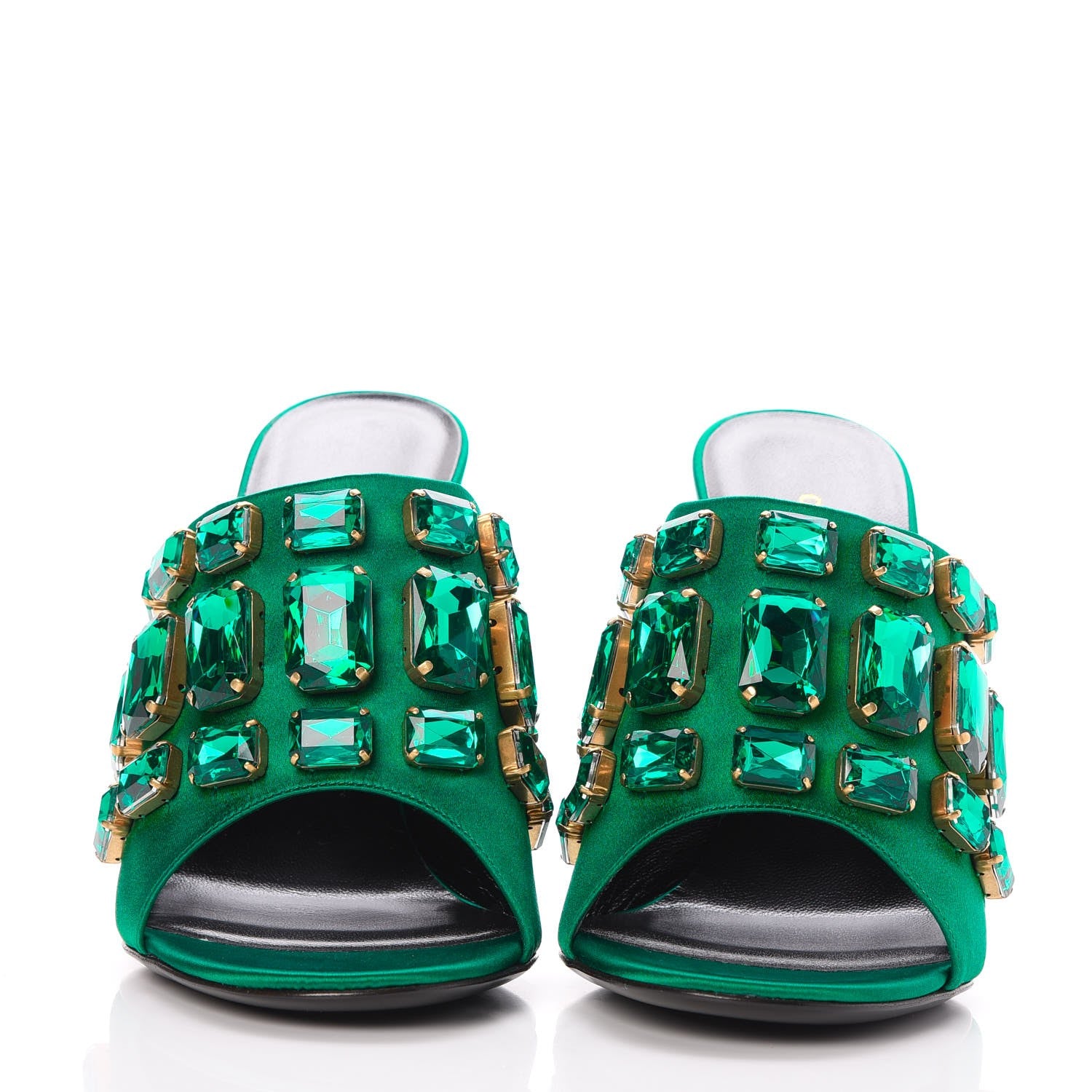 Gucci Silk Satin Crystal Embellished High Heel Slide Sandals 39.5 Emerald 2 of 9