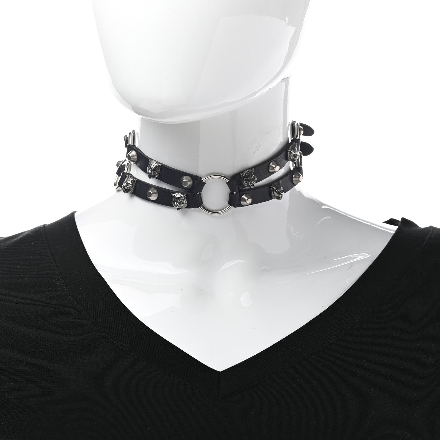 Gucci Calfskin Feline Head Double Strap Choker Black 2 of 5