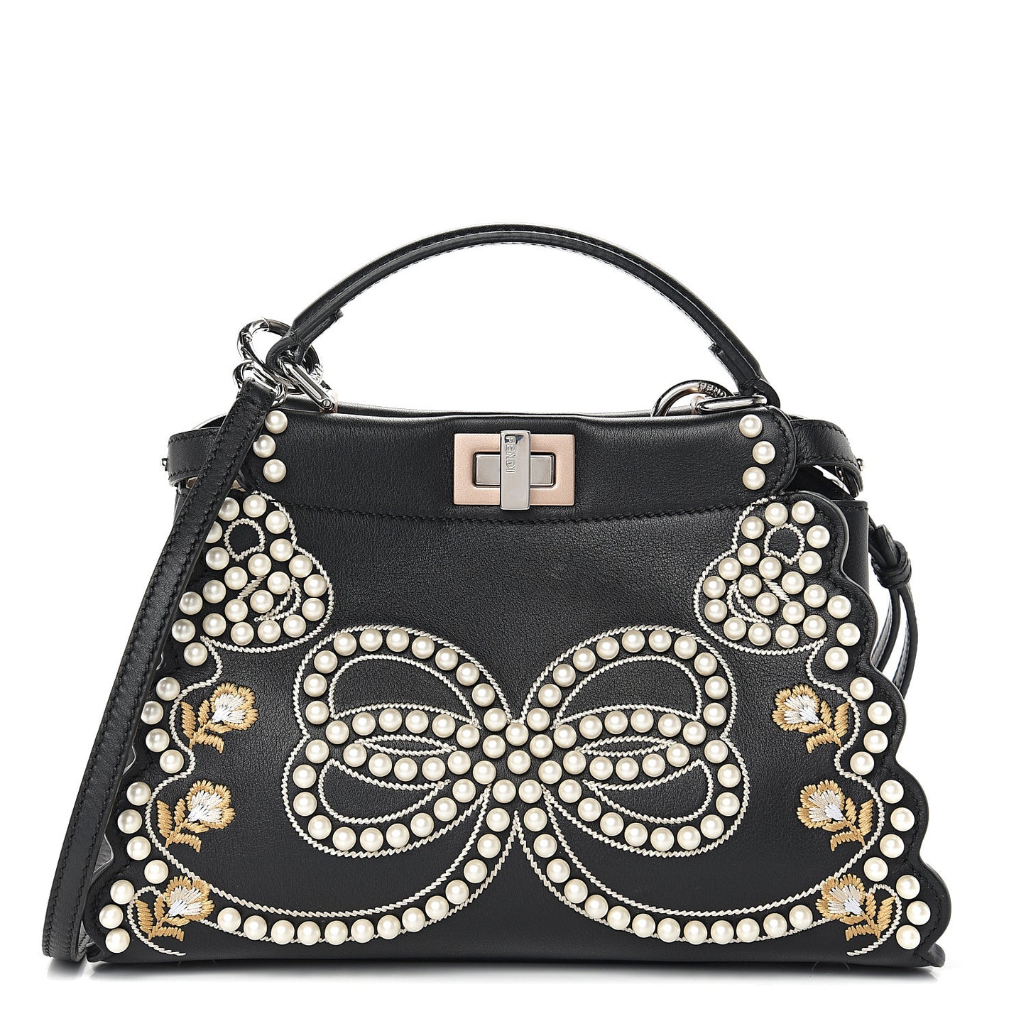 Calfskin Flowers and Bows Scalloped Mini Peekaboo Iconic Satchel Black Camelia