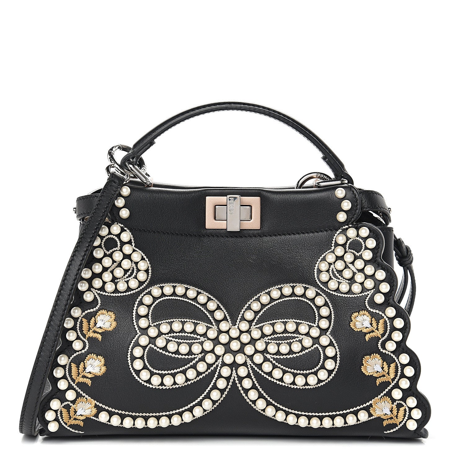 Fendi Calfskin Flowers and Bows Scalloped Mini Peekaboo Iconic Satchel Black Camelia 1 of 8
