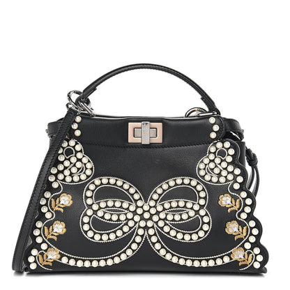 Fendi Calfskin Flowers and Bows Scalloped Mini Peekaboo Iconic Satchel Black Camelia 1 of 8