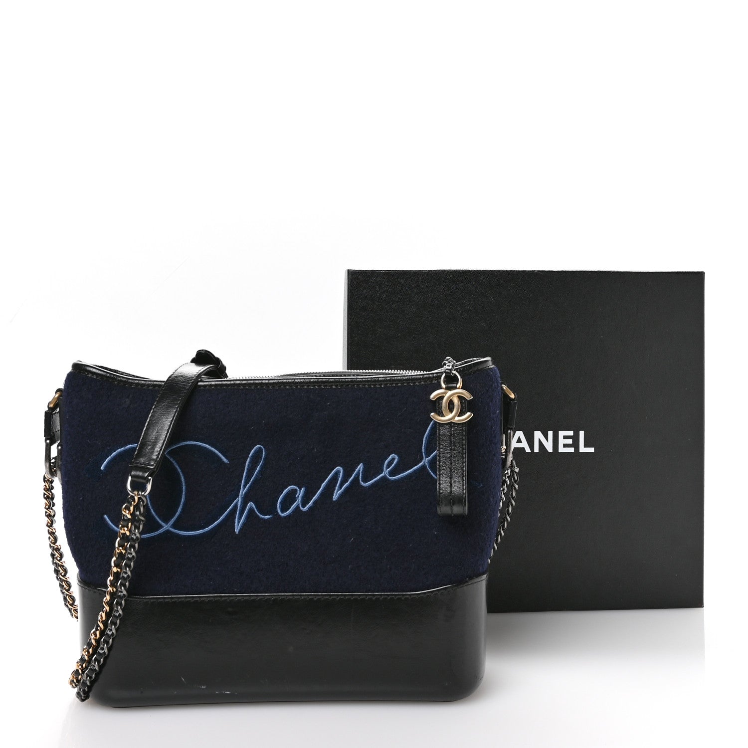 Chanel Calfskin Wool Embroidered Paris Hamburg Small Gabrielle Hobo Dark Navy Blue 11 of 11