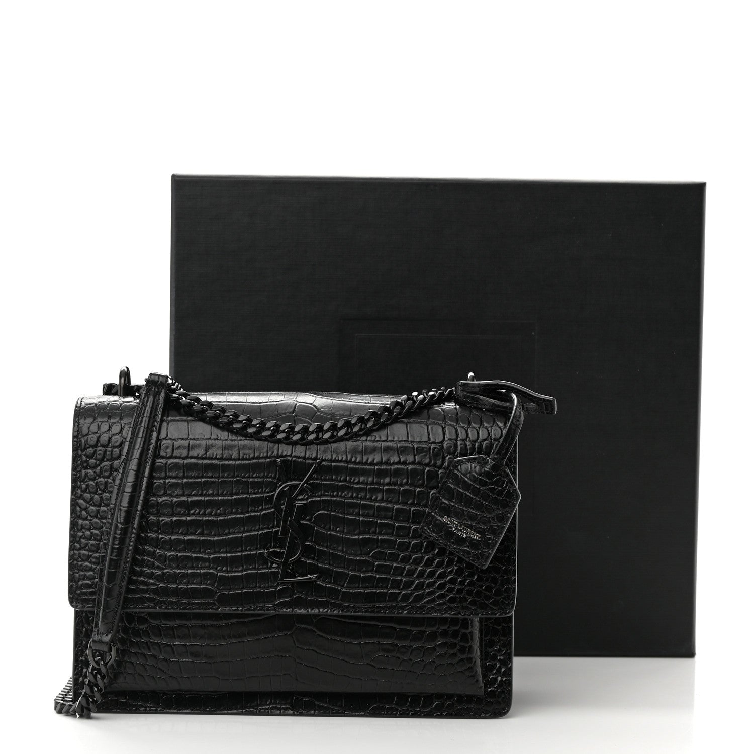 Saint Laurent Calfskin Crocodile Embossed Medium Monochrome Monogram Sunset Black 15 of 15