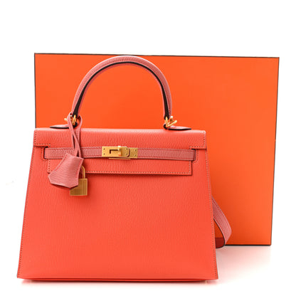 Hermes Chevre Mysore Horseshoe Kelly Sellier 25 Orange Poppy Rose Tea 10 of 10