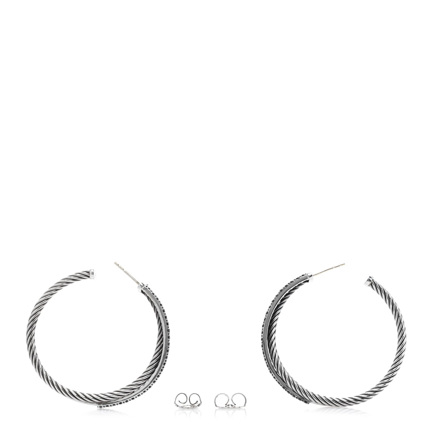 Sterling Silver 14K White Gold Black Diamond Crossover Hoop Earrings