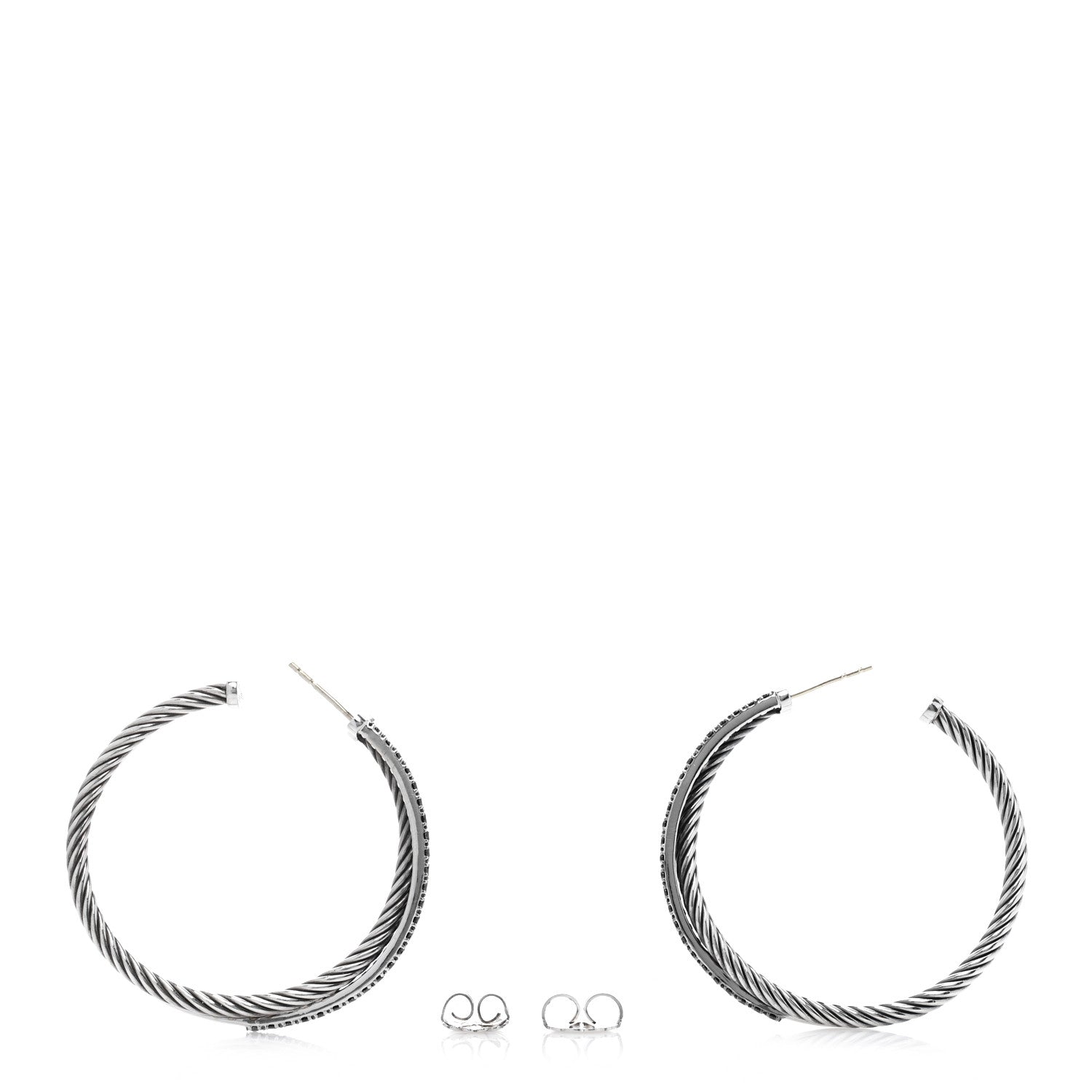 David Yurman Sterling Silver 14K White Gold Black Diamond Crossover Hoop Earrings 3 of 4