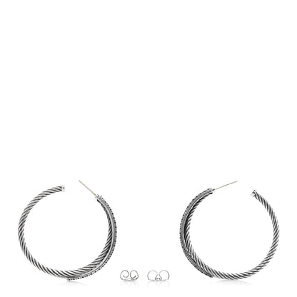 David Yurman Sterling Silver 14K White Gold Black Diamond Crossover Hoop Earrings 3 of 4