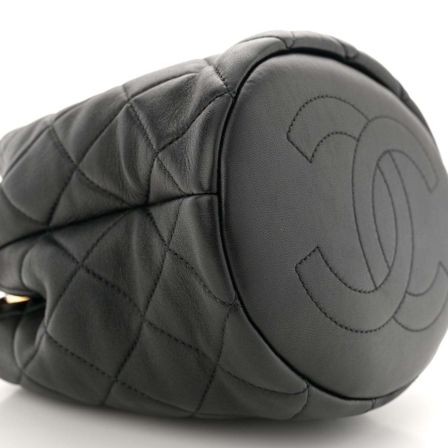 Lambskin Quilted Pearl Crown Drawstring Bag Black