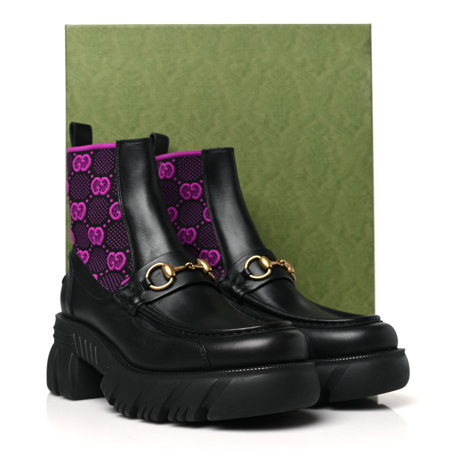Gucci Quebec Calfskin Technical Jersey Knit GG Monogram Horsebit Ankle Boots 39 Black Fucsia 9 of 9