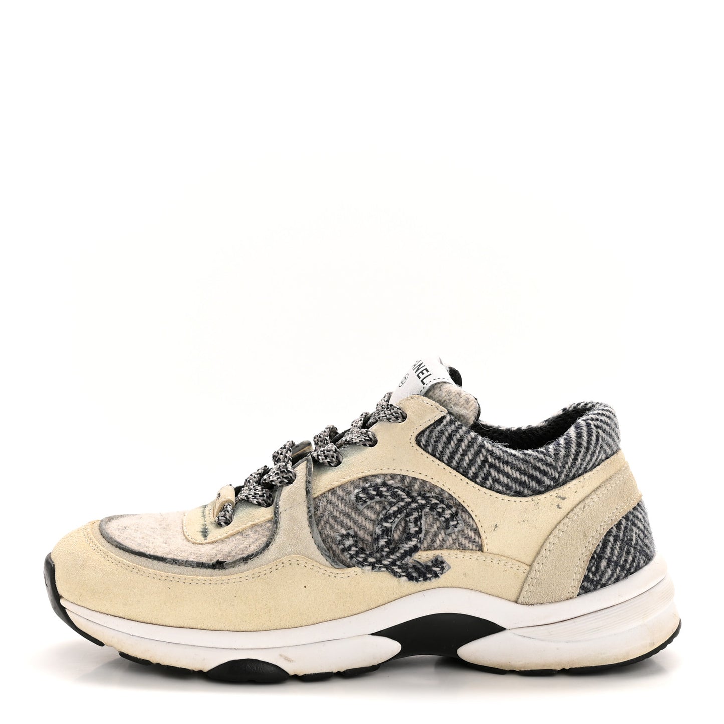 Fabric Suede Calfskin Womens CC Sneakers 37.5 Ivory Light Gray White