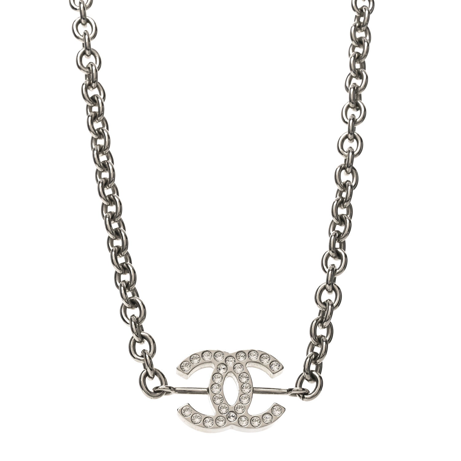 Chanel Metal Strass Chain Link Necklace Silver 1 of 5