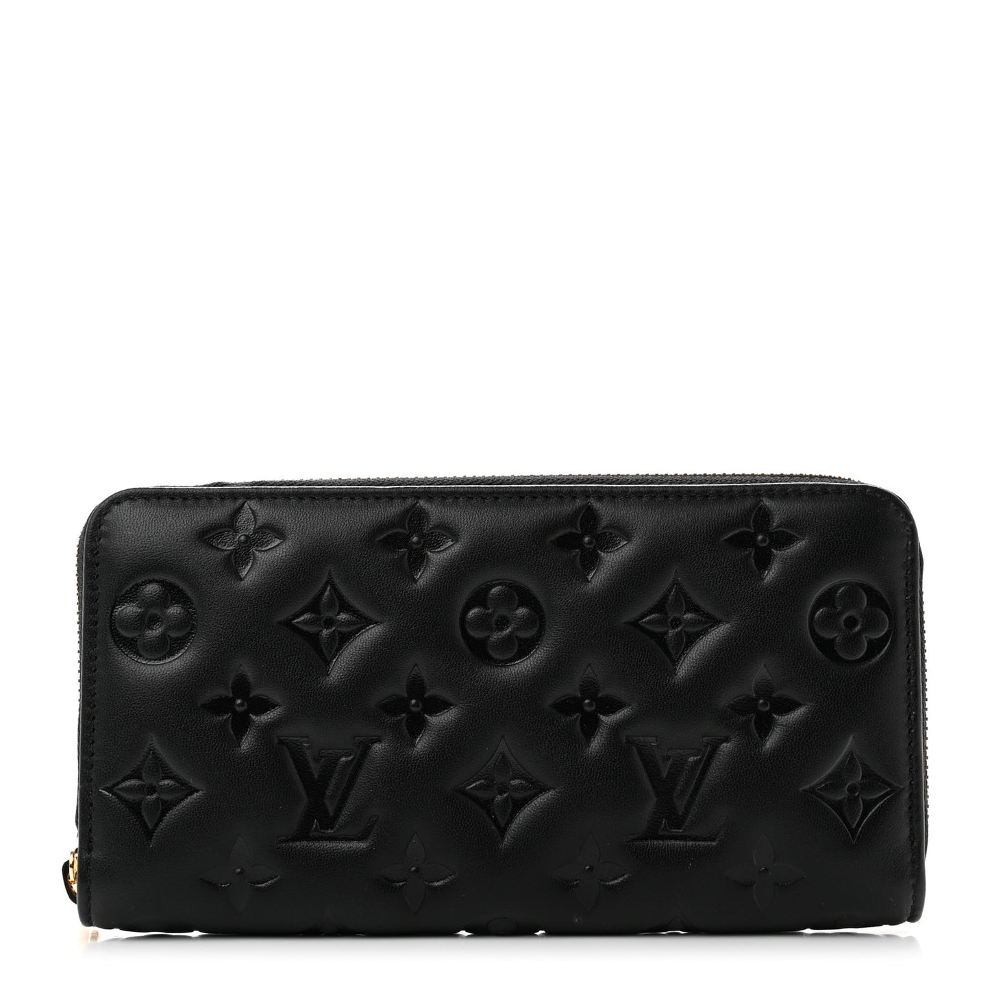 Lambskin Embossed Monogram Coussin Zippy Wallet Black