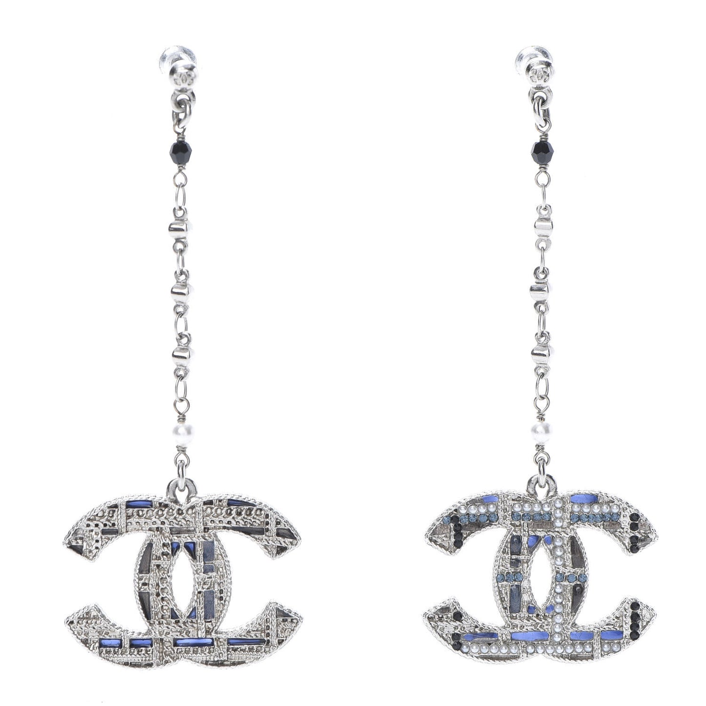 Pearl Crystal CC Tweed Drop Earrings Silver Blue Black