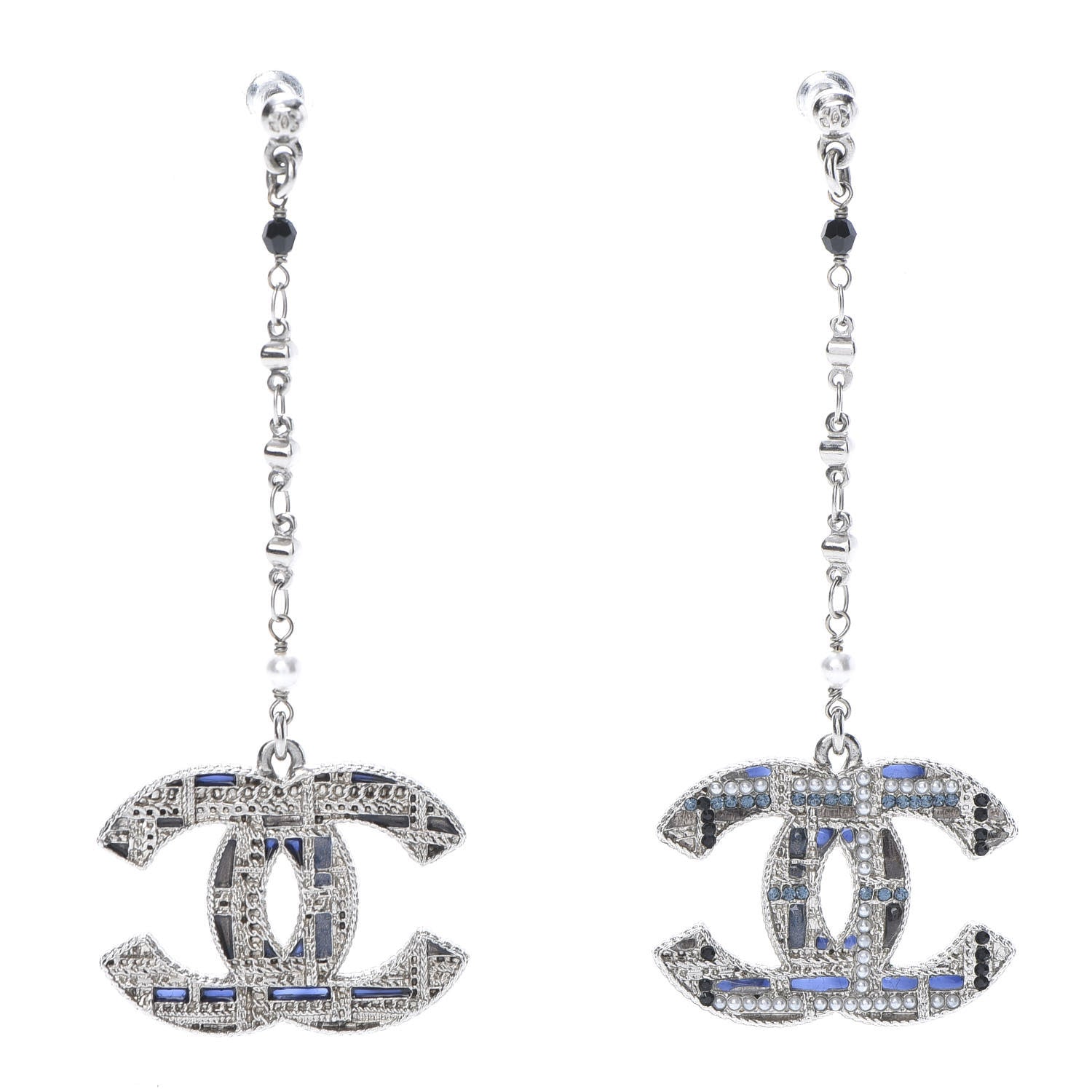 Chanel Pearl Crystal CC Tweed Drop Earrings Silver Blue Black 1 of 4