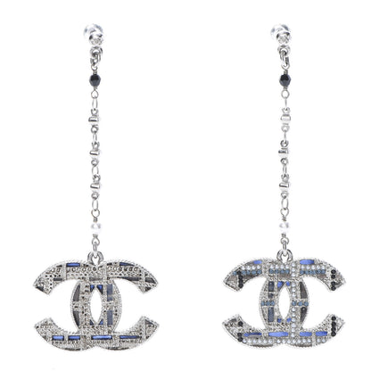 Chanel Pearl Crystal CC Tweed Drop Earrings Silver Blue Black 1 of 4