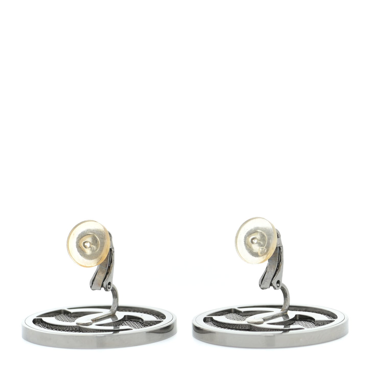 Metal Mesh Circle CC Clip On Earrings Silver