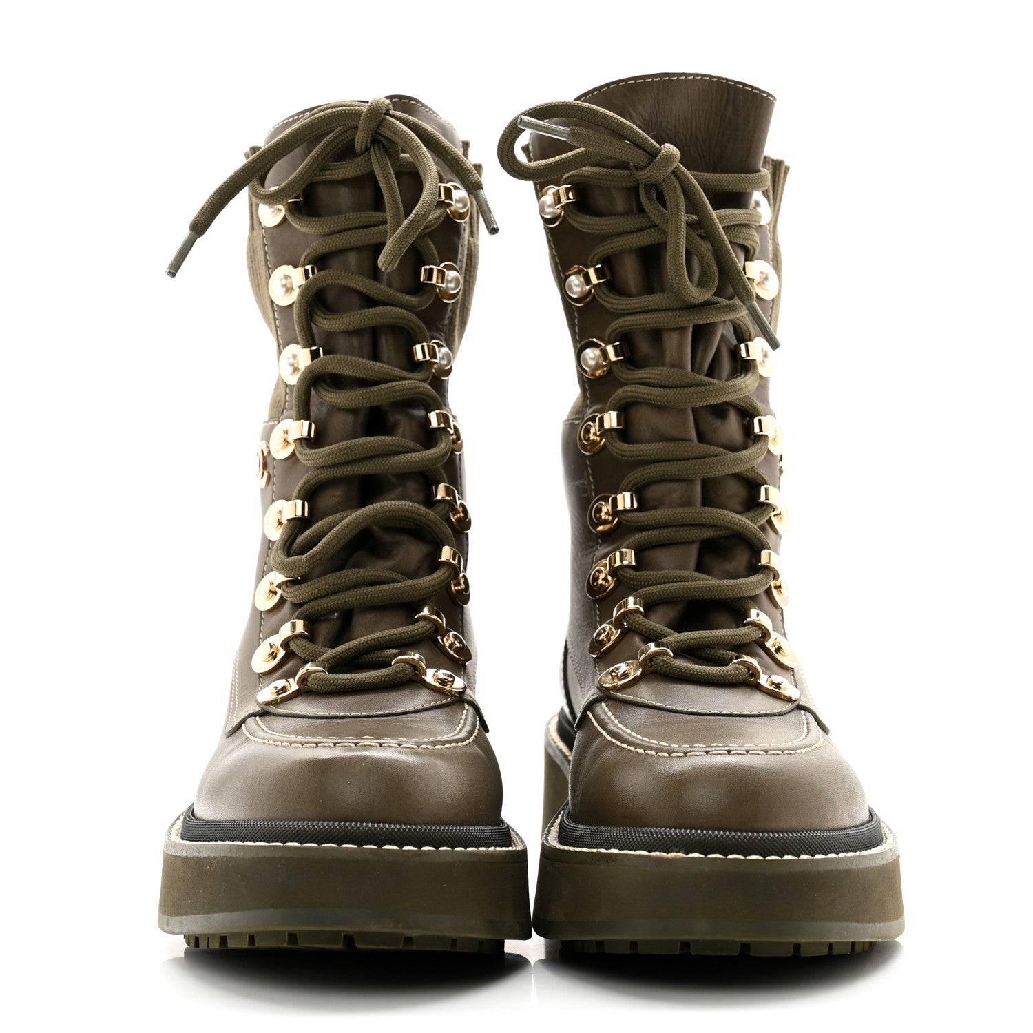 Chanel Calfskin Knit Lace Up Combat Boots 35 Green 2 of 9