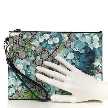 Gucci GG Supreme Monogram Blooms Small Zip Wristlet Pouch Beige Blue Black 2 of 9