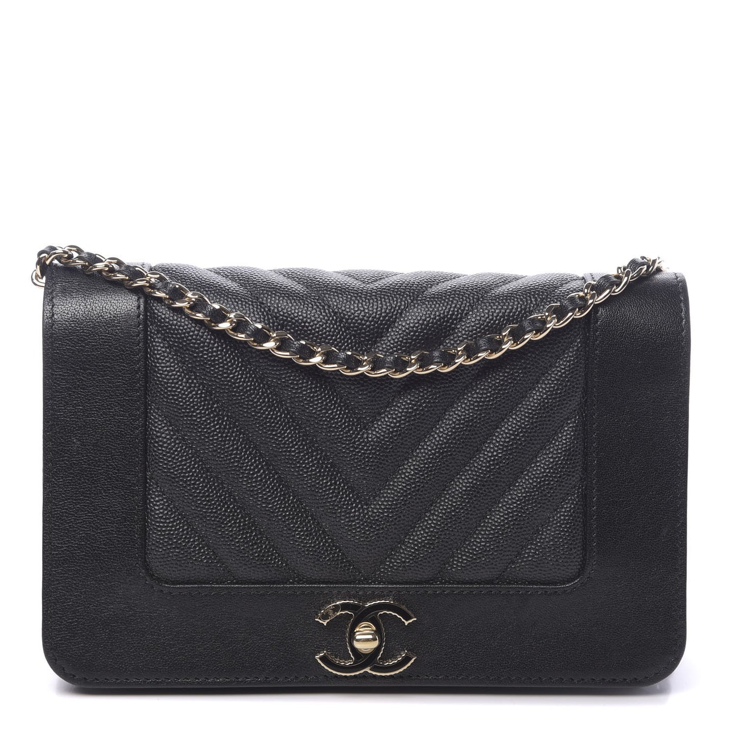 Caviar Sheepskin Chevron Quilted Vintage Mademoiselle Wallet On Chain WOC Black