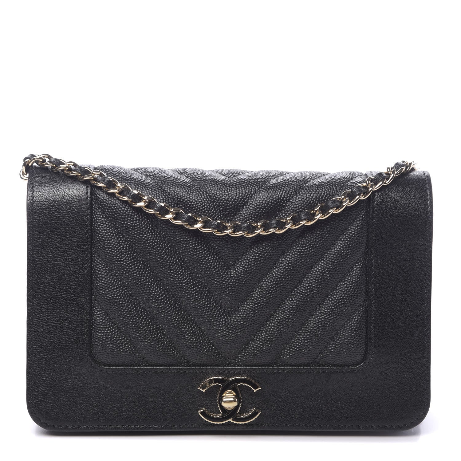 Chanel Caviar Sheepskin Chevron Quilted Vintage Mademoiselle Wallet On Chain WOC Black 1 of 17