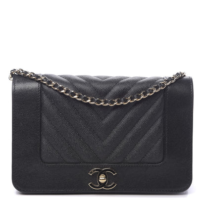 Chanel Caviar Sheepskin Chevron Quilted Vintage Mademoiselle Wallet On Chain WOC Black 1 of 17