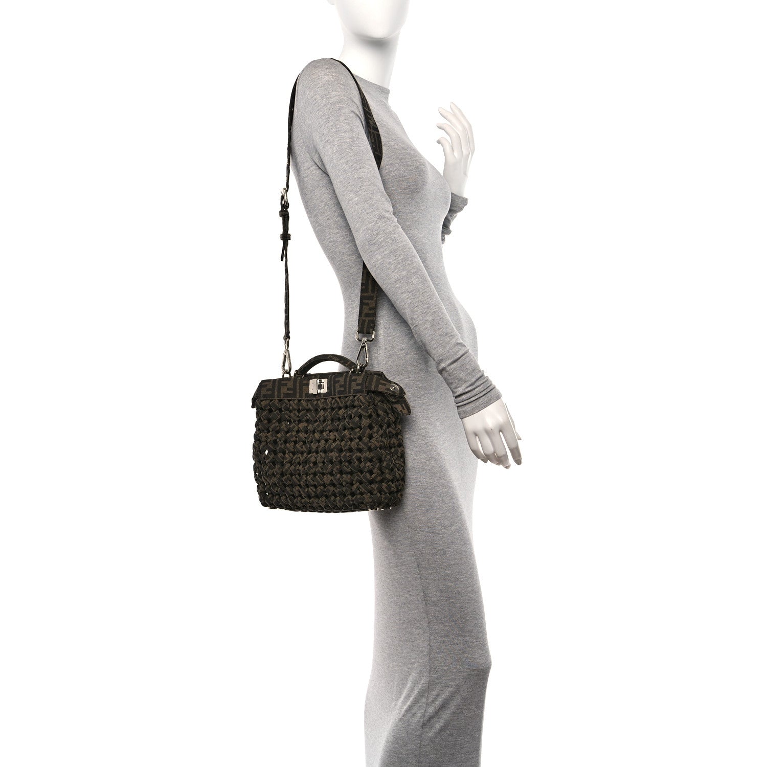 Fendi Fabric Jacquard FF 1974 Woven Knotted Mini Peekaboo I SEE U Satchel Tobacco Moro 2 of 13