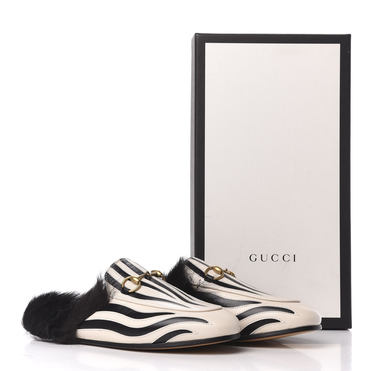 Malaga Kid Fur Zebra Inlay Womens Princetown Slippers 35.5 Mystic White Black