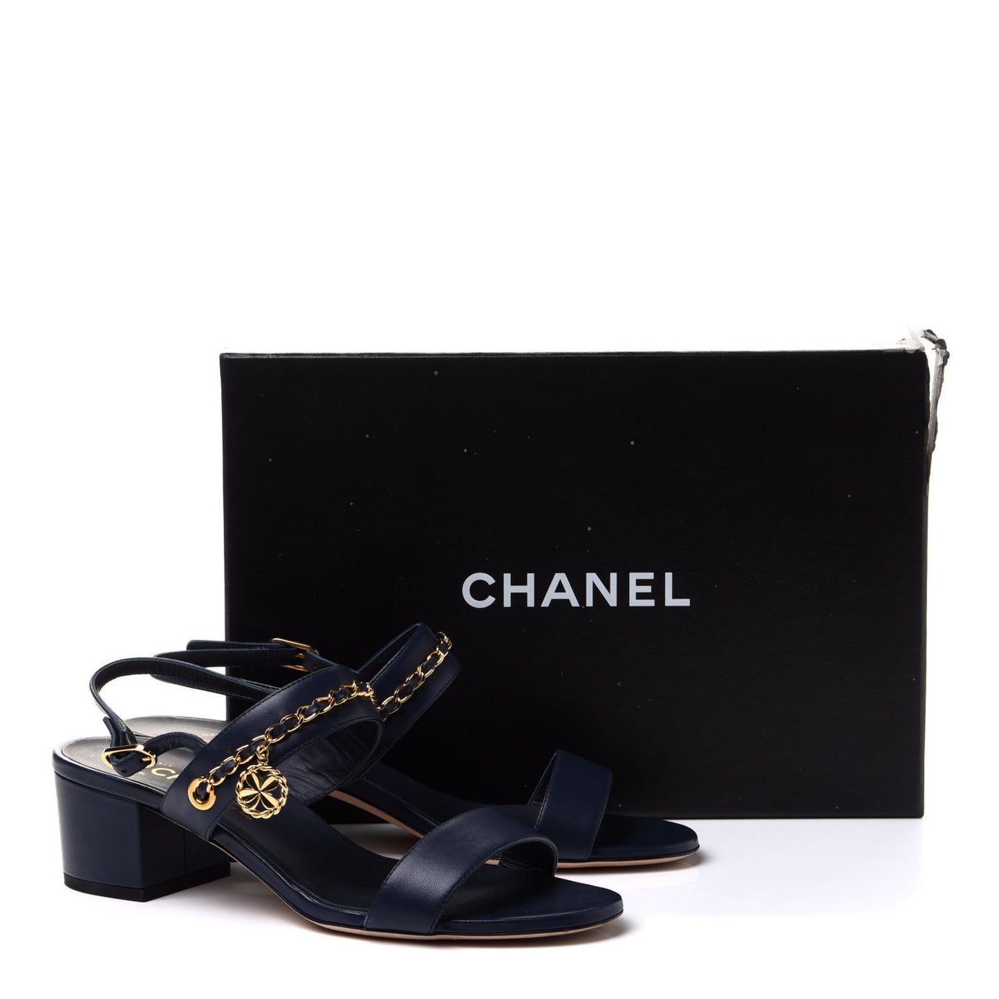 Lambskin Chain Clover Sandals 39 Navy