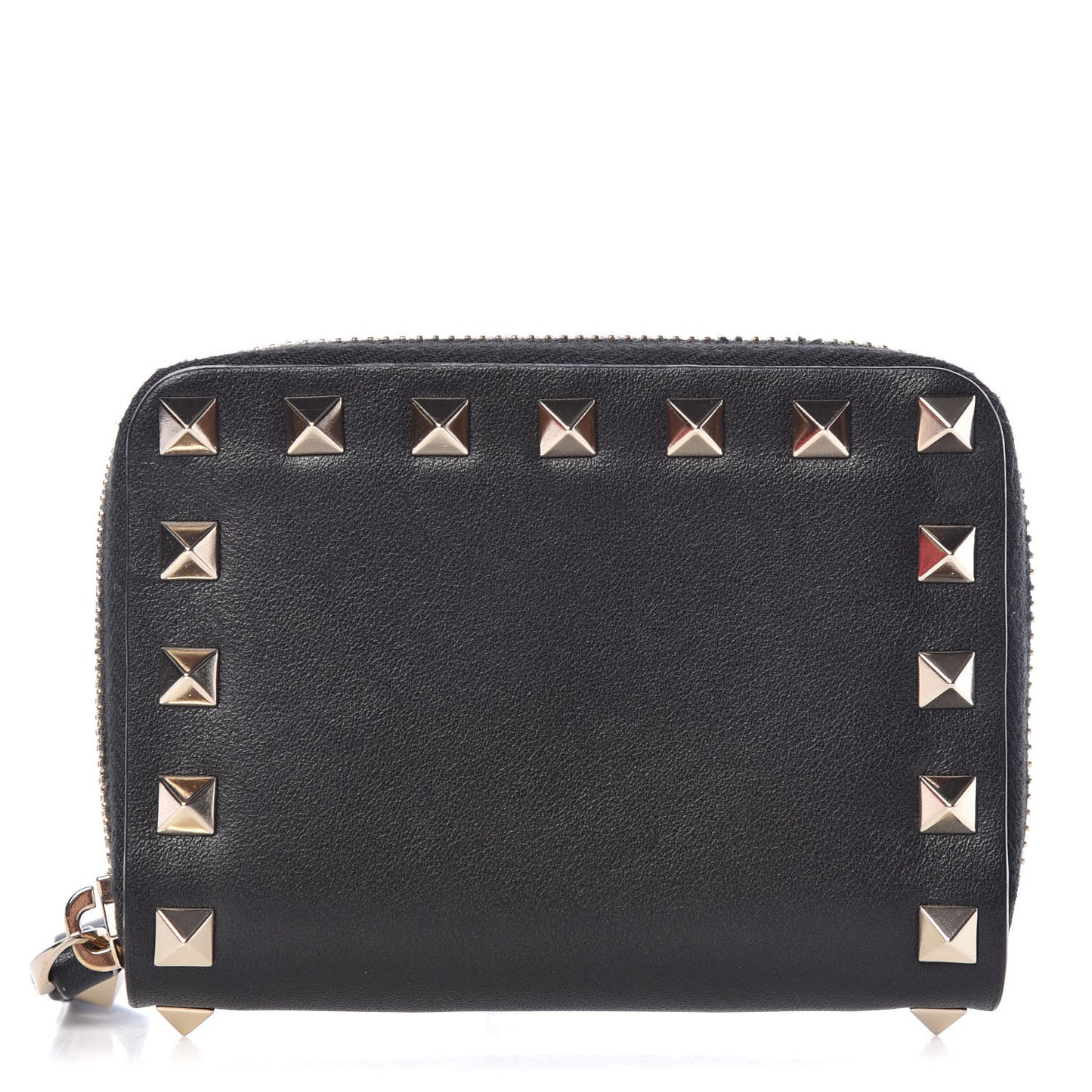Calfskin Rockstud Zip Around Coin Case Card Holder Black