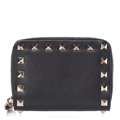 Valentino Garavani Calfskin Rockstud Zip Around Coin Case Card Holder Black 1 of 8