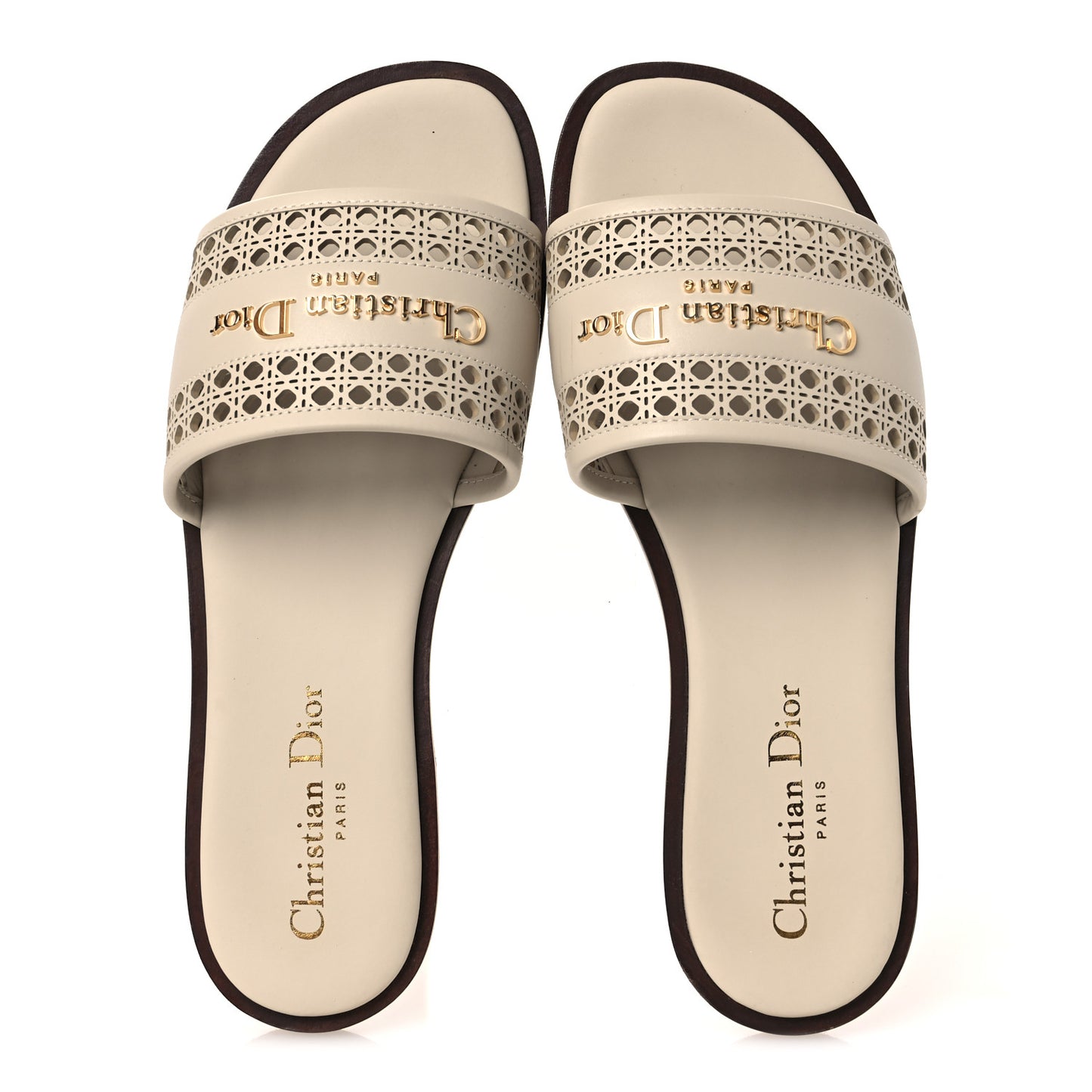 Calfskin Lambskin Micro Cannage D-Lane Flat Slide Sandals 36 Light Ecru